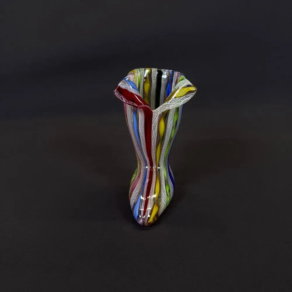 Vintage Murano A Decora Latticino Ribbons Boot Vase Multicolor w Sticker